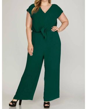 She + Sky Short Sleeve Tie Front Woven Jumpsuit - Green