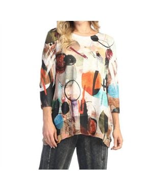 Jess & Jane Abstract 3/4 Sleeve Chiffon Trim Hem Top - Multicolor