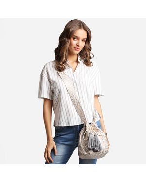 Fashnzfab Leopard Straw Tassel Crossbody Bucket Bag - White