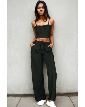 TRUEDAMES Bustier Crop Cami Top & Slant Pocket Straight Pants - Black