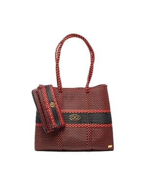 Lolas Bag Travel Woven Striped Tote Bag With Clutch - Red