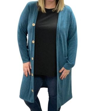 Honeyme Long With Faux Buttons Cardigan - Blue