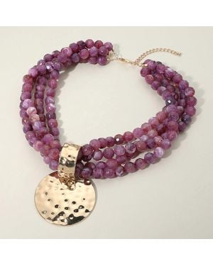Fashnzfab Bold Hammered Metal Disc Accent Chunky Beaded Multi Strand Statement Necklace - Purple