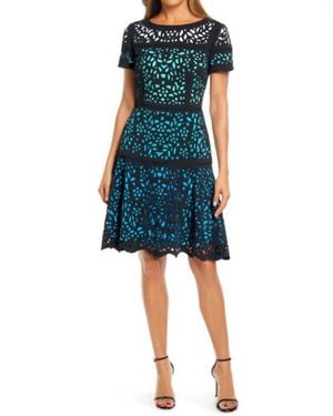 Shani Colorblock Laser Cut Fit & Flare Dress - Blue