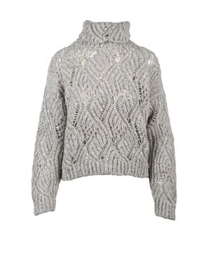 Panicale High Neck Knit Sweater With Rhinestone Accents And Textured Detail - Gray