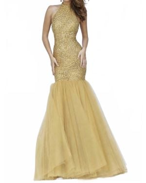 Sherri Hill Beaded Halter Mermaid Gown - Yellow