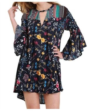 Umgee Floral Bell Sleeve Dress - Blue
