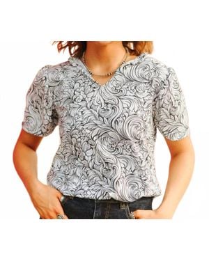 Lucky & Blessed Ivory Bloom Tooled Blouse - Gray