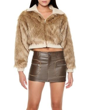 Forever 21 Cropped Faux Fur Bomber Jacket - Brown