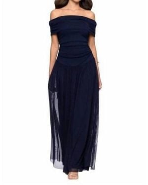 Betsy & Adam Strapless Ruched Bodice Mesh Overlay Floor Length Dress - Blue