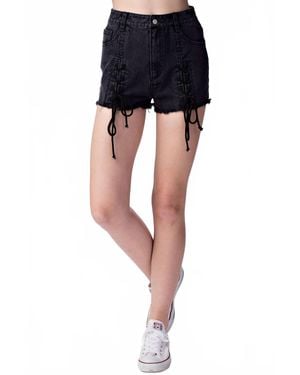 Honey Punch Lace Up Frayed Denim Shorts - Black
