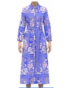 CELINA MOON Long Sleeve Floral Stamp Print Shirt Dress - Blue