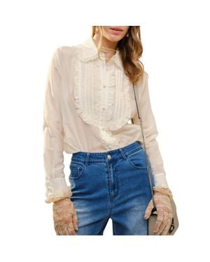 Blue B Ruffle Pleated Pearl Button Blouse - Blue