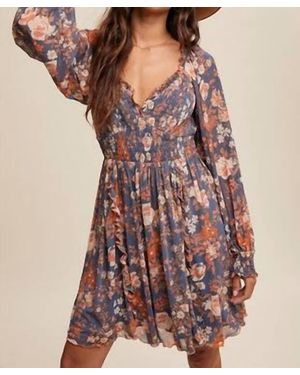 Listicle Floral Print Smocked Long Sleeve Dress - Brown