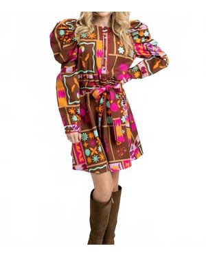 Karlie Floral Frame Puff-Sleeve Mini Shirt Dress - Red
