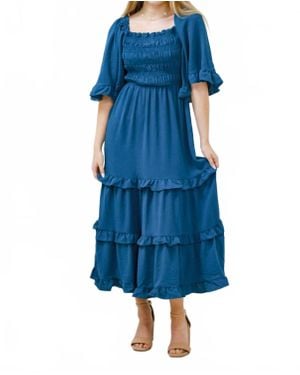 She + Sky Bell Sleeve Square Neck Smocked Tiered Midi Dress - Blue