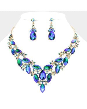 Fashnzfab Marquise Stone Cluster Evening Necklace - Blue