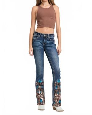 Grace In La Western Embroidery Hem Detail Flare Jeans - Blue