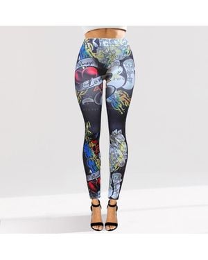 TRUEDAMES Tattoo Inspired Graphic Printed High Waisted Leggings - Blue