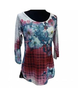 Style & Co. Plaid Floral Lace Back Blouse - Blue