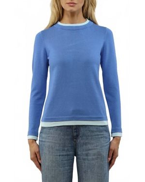 Metric Knits Double Trim Long Sleeve Crew Pullover Sweater - Blue