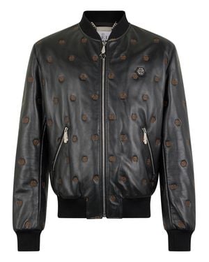 Philipp Plein Embroidered Nappa Leather Bomber Monogram Monogram - Black