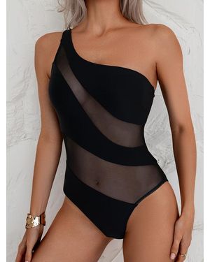 TRUEDAMES Asymmetrical Shoulder Suspender Top Translucent Mesh Swimsuit - Black