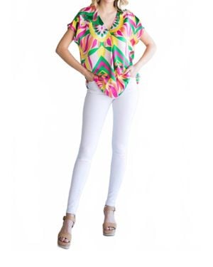 Jodifil Mix Print Top With A V-Neckline & Short Curved Sleeves - Pink