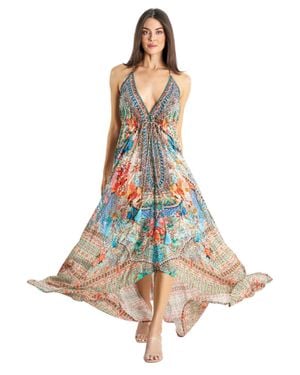 La Moda Clothing Maxi Print Halterneck Dress - Blue