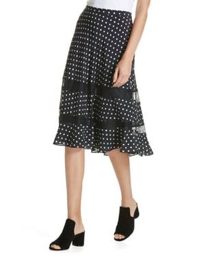 LEWIT Silk Midi Skirt A Line Polka Dot Lace Trim - Black