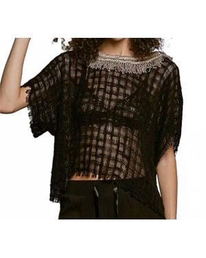 Pol Textured Raw Hem Round Neck Short Sleeve Top - Black