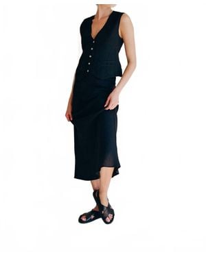 a.ren Woven Elastic Waist Long Linen Skirt - Blue