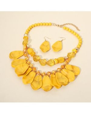 Fashnzfab Bold Marbled Resin Pebble Beaded Statement Necklace - Metallic