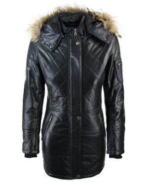 TruClothing Leather Hooded Winter Parka Jacket - Black