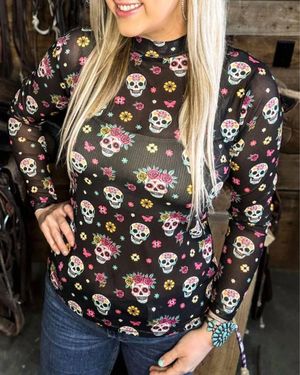 Sterling Kreek Life Is Brief Sugar Skull Mesh Top - Gray
