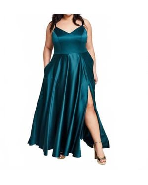B Darlin Plus Size Satin Sleeveless Front-Slit Gown - Blue