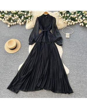 TRUEDAMES Premium Beaded Lantern Sleeve Tassel Dress Tie-Waist A-Line Midi, Office Elegant Shift Dress - Blue