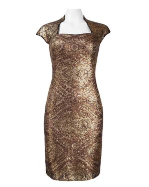 Sue Wong Queen Anne Neckline Sequin Ornament Dress - Brown