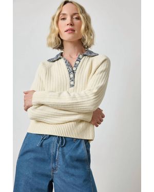 Lilla P Marled Henley Sweater Top - Natural