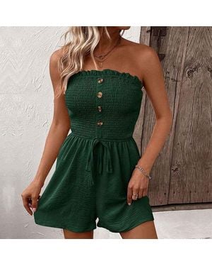 TRUEDAMES Summer Casual Vacation Solid Color Jumpsuit Design Sense Elastic Tube Top Jumpsuit Shorts Belted Wide Leg Jumpsuit With Button - Green