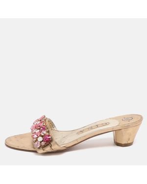 Gina Size 37.5 Leather Crystal Embellished Slide Sandals - Pink