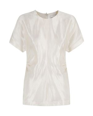 Loulou de Saison Pero Ivory Draped Linen-Silk Short-Sleeve Blouse - White