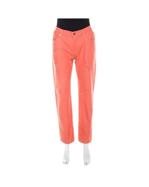 Roberto Cavalli Coral Cotton Denim Logo Print Distressed Jeans - Red
