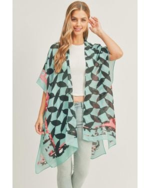 TRUEDAMES Ombree Front And Geometric Back Print Kimono - Green
