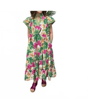 Umgee Bold Floral Tiered Midi Dress - Green