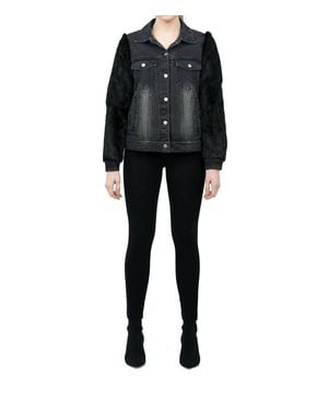 Love Token Murray Genuine Real Rabbit Fur Sleeve Denim Coat - Black