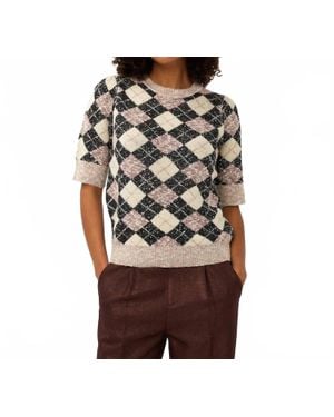 EsQualo Ylvi Short Sleeve Argyle Sweater - Brown