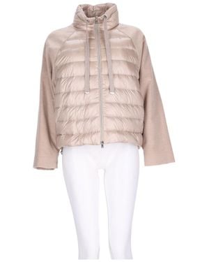 Herno Cropped Quilted Jacket With Flannel Sleeves And High Collar - White