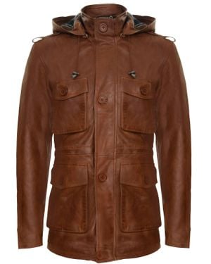Infinity Leather Hooded Trench Multi-Pocket Overcoat Jacket - Brown