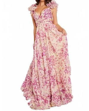 Jovani Print Pleated Bodice Maxi Gown - Pink